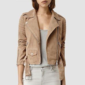 All Saints Beige/Nude Suede Moto Jacket Like New 4
